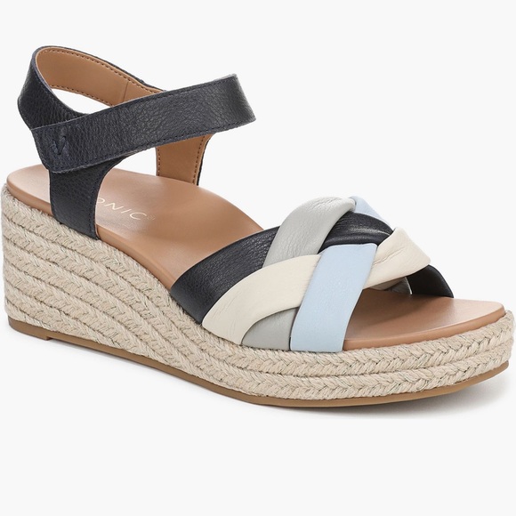 Vionic Shoes - Vionic Saratoga Espadrille Wedge Sandals Wide Size 9 Blue Leather Comfort